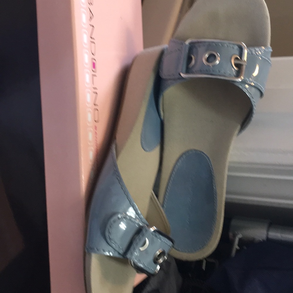 Patent low wedge sandal. Lt sky blue